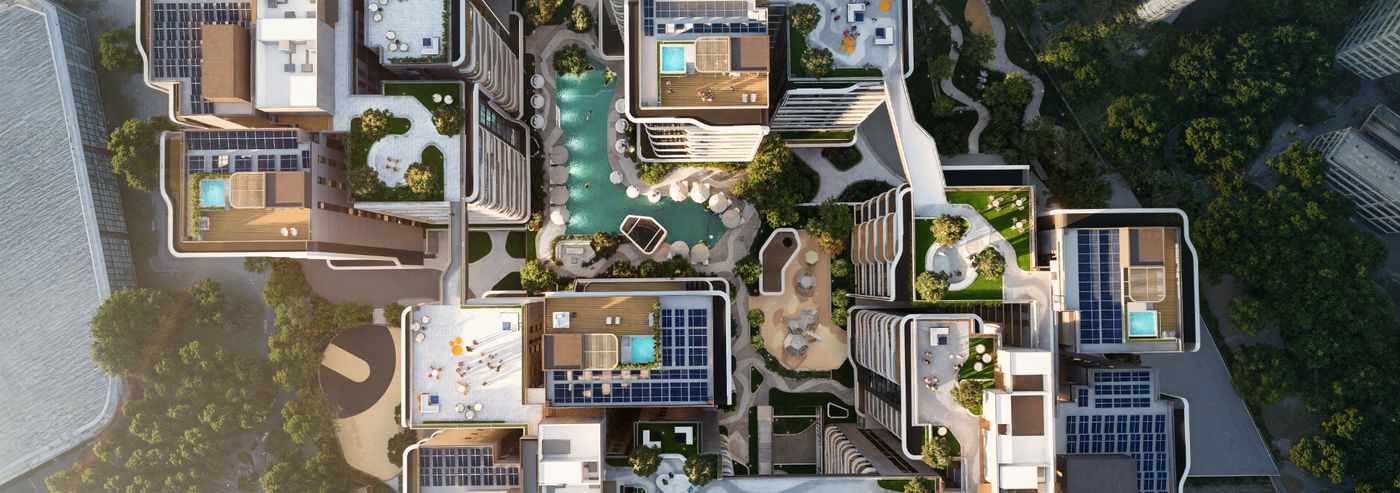 Brigade Stellaris aerial view of the landscaped podium and pools between the towers (artist's impression)