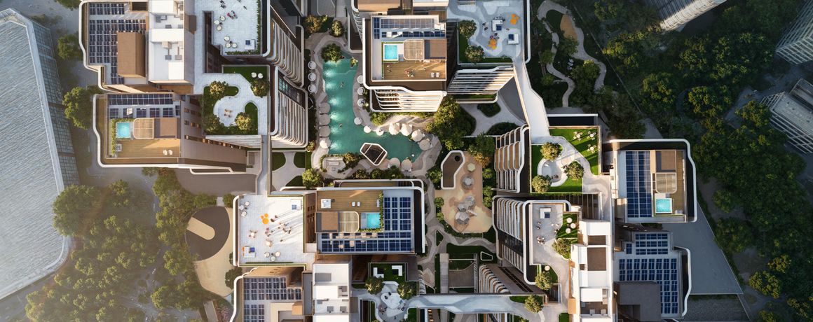 Brigade Stellaris – top-down aerial view of the landscaped podium (artist's impression)