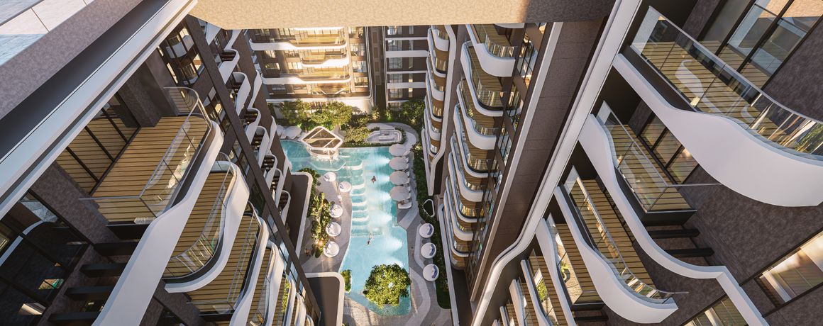 Brigade Stellaris – aerial view of the pool courtyard between the towers (artist's impression)
